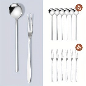 Resim 12 Parça Paslanmaz Çelik Meyve Çatal ve Kaşık Seti | Tatlı Çatalları, Kaşıklar Dahil | Bulaşık Makinesine Uygun & Paslanmaz | Karıştırma, Meyveler, Mezeler, Kekler, Salatalar İçin Mükemmel | Ev Mutfağı, Restoranlar, Partiler, Düğünler ve Festivaller için İdeal | Yemek ve Eğlence Aletleri | Kahve Araçları | Öğle Çayı, Dondurma Puding Yoğurt Temel Seti | Noel Hediyesi 