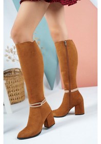 Resim GİMER - Bileği Taşlı Topuklu Taba Süet Çizme - MEX2607G Taba 