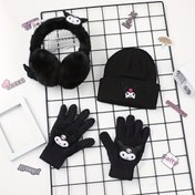 Resim 3 adet Sanrio Kuromi Karikatür Siyah serisi Kışlık sıcak üç parçalı set, havalı nakışlı şapka ve kulak koruyucu, eldivenlerle iki şekilde giyilebilir, kişilik basit ulaşım kışlık sıcak kadın takım 