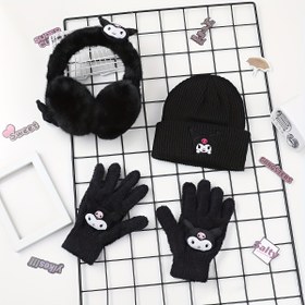 Resim 3 adet Sanrio Kuromi Karikatür Siyah serisi Kışlık sıcak üç parçalı set, havalı nakışlı şapka ve kulak koruyucu, eldivenlerle iki şekilde giyilebilir, kişilik basit ulaşım kışlık sıcak kadın takım 