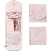 Resim 1 Adet Seyahat Takı Organizatör Kutusu - İnci Dokulu Dış Yüzeyli, Çıkarılabilir Bilek Kayışı ve Premium Polyester ile Çok Bölmeli Yumuşak Pembe Fermuarlı Taşınabilir Kılıf, Kolyeler, Küpeler, Bilezikler, Yüzükler için Şık Takı Saklama Çantası - Günlük Kullanım ve Seyahat İçin Aksesuar, Örgü Desenli Tasarım, Yumuşak Dokulu Kaplama, Takı Rulosu 