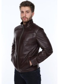 Resim Hakiki Kuzu Derisi Fermuarlı Dik Yaka Erkek Deri Ceket Kahverengi Kahverengi 