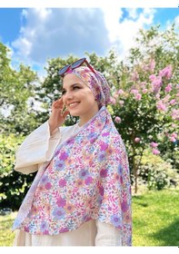 Resim Moda Kaşmir Flora Desen Bambu Eşarp Mavi-somon 