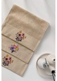 Resim 3'lü Çiçek Baskılı Havlu Takımı - Bej Renk Bambu El Havlusu Seti - Yumuşak & Süper Emici - 30x50 Cm Bej Bej 
