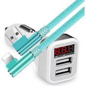 Resim Judas A1 LED Göstergeli Araç Şarj Adaptörü -2 Girişli + J11 Lightning 90 Derece 2.4A Şarj Kablosu -1mt 