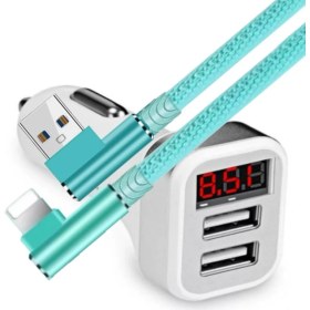 Resim Judas A1 LED Göstergeli Araç Şarj Adaptörü -2 Girişli + J11 Lightning 90 Derece 2.4A Şarj Kablosu -1mt 