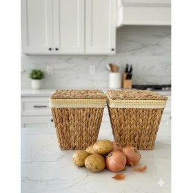 Resim Beyaz Atölye 2li Sarı İç Korumalı Hasır Kapaklı Çok Amaçlı Patates ve Soğan Sepeti 