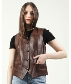 Resim Dericlub Vittoria Kadın Düğmeli Slim Fit Hakiki Deri Yelek Fındık Koyu Kahve 