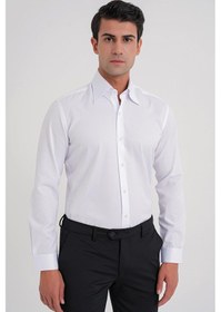 Resim G 565 Slim Fit Dik Yaka Pamuk Saten Uzun Kol Klasik Beyaz Gömlek Beyaz 