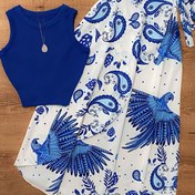 Resim Kadınlar için Tatil Stili Kolsuz Üst ve Mavi Çiçek Desenli Maxi Etek Takımı - Fermuar Detayıyla Kolsuz Crop Top, Peacock ve Çiçek Desenli Akışkan A-Line Etek, Hafif Polyester, Bahar/Yaz/Sonbahar, Plaj Kıyafeti, Tatil Kıyafeti, Kolsuz Moda, Fermuar Detayı 