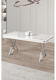 Resim Raja Serisi 80x130 Lak Panel Beyaz Mermer Desen Masa Takımı Krom Ayaklı 4 Sandalye Beyaz Mermer Masa Siyah Sandalye 
