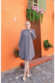 Resim HNT Hayrunnisa Tesettür Uzun Düğmeli Tunik Açık Gri HNT8533 