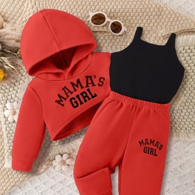 Resim Kız Çocuk Şık Harf Baskılı Sokak Günlük 3 Parça Kıyafet - Çocuk Kapüşonlu Kısa Üst & Atlet Üst & Pantolon Takımı, Dış Mekan İçin Mükemmel, Sokak Giyim Modası,Yumuşak Bebek Giyim 
