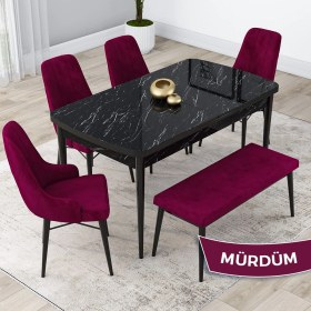 Resim Canisa Concept Kar Serisi, Mdf 80X132 Açılabilir Masa Takımı, Siyah Mermer Desen Masa, 4 Sandalye 1 Bench 