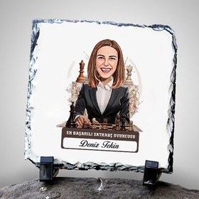 Resim Karikatürlü Kadın Satranç Oyuncusu Dekoratif Taş 