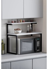 Resim Akik 2 Raflı Metal Çok Amaçlı Mutfak Rafı / Tezgah Üstü Raf Siyah Metal - Beyaz Tabla Beyaz 