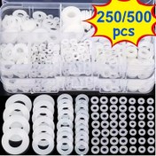 Resim 250/500 adet Beyaz Naylon Kaplı Polyester Düz Gasket Sızdırmazlık Halkaları - M2-M10 Yüksek Sıcaklık Dayanıklı Elektrik Bağlantıları, Deniz Uygulamaları, Şeffaf Saklama Kutusu ile Dayanıklı Bağlantı Aksesuarları 