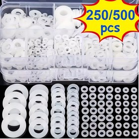 Resim 250/500 adet Beyaz Naylon Kaplı Polyester Düz Gasket Sızdırmazlık Halkaları - M2-M10 Yüksek Sıcaklık Dayanıklı Elektrik Bağlantıları, Deniz Uygulamaları, Şeffaf Saklama Kutusu ile Dayanıklı Bağlantı Aksesuarları 