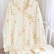 Resim Sonbahar ve Kış İçin Tatlı Çiçek Desenli Dokulu Pijama Takımı, Uzun Kollu Düğmeli Yaka Üst ve Lastikli Pantolon, Kadınların Uyku Giyim ve Rahat Giyim 