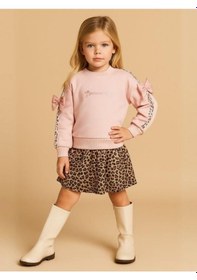 Resim Kız Çocuk Kolları Leopar Şeritli Fiyonklu Sweatshirt-16133 Pudra 