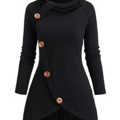 Resim Kadınlar için Rahat Örgü Hırka, Asimetrik Yüksek Yaka Uzun Kollu Üst, Dekoratif Düğmelerle, Düz Renk Polyester 95% Spandeks 5% Sonbahar/Kış Dış Giyim, 320g/m² Kumaş Ağırlığı 