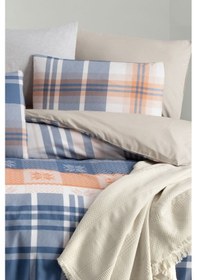 Resim Lastikli Çarşaflı Çift Kişilik Nevresim Takımı Plaid Lacivert 