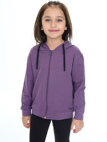 Resim Toontoy Kız Çocuk Kapüşonlu Fermuarlı Cepli Düşük Omuz Nakış Baskılı Örme Hırka - 2 İplik 