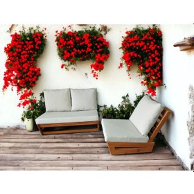 Resim Nepal Bahçe Balkon Masif Kayın Ahşap Koltuk - 2+1 Koltuk Krem 
