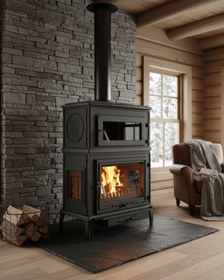 Resim Reyo Stove Salda Üç Camlı Yan Kapak Fırınlı Döküm Şömine Soba 