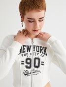 Resim Şardonlu Crop Fermuarlı Kapüşonlu Sweatshirt Kolej Temalı Uzun Kollu Slim Fit 