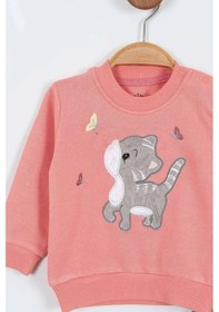 Resim Mai Bella Kedi Desenli Uzun Kol Pamuklu Sweat Kot Pantolonlu Kız Bebek Alt Üst Takım Kız Bebek İkili Takım 2li Yavruağzı 