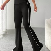 Resim Kadınlar için Yüksek Bel Geniş Paça Yoga Pantolonu - Yumuşak Esnek Polyester, Siyah Beyaz Yan Şeritli, Günlük ve Aktif Giyim için Rahat Zil Altı Pantolonlar 