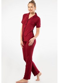 Resim Türen 3368 Kadın Kısa Kollu Gömlek Yaka Pijama Takım-bordo Bordo 