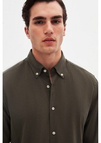 Resim Ds Damat Comfort Haki Düğmeli Yaka Rahat Kesim Keten Görünümlü %100 Pamuk Gömlek 2hc02ort64265 Haki 