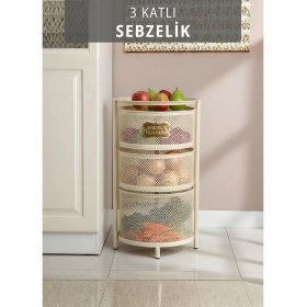 Resim Jet's Home 3 Katlı Sebzelik Açılır Metal Patates Soğan Sepeti Paslanmaz Meyvelik Organizer Sepet Krem 