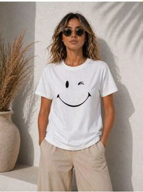 Resim Kadın Minimal Gülümseyen Yüz Baskılı Tişört Kısa Kol Yazlık T-shirt - Beyaz 