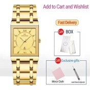 Resim Hanyang Kutu ile Altın 2022 Erkekler Iş Izle Basit Tasarım Lüks Moda Dikdörtgen Altın Paslanmaz Çelik Takvim Su Geçirmez Kuvars Erkek Saatleri (Yurt Dışından) 