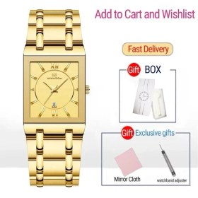 Resim Hanyang Kutu ile Altın 2022 Erkekler Iş Izle Basit Tasarım Lüks Moda Dikdörtgen Altın Paslanmaz Çelik Takvim Su Geçirmez Kuvars Erkek Saatleri (Yurt Dışından) 