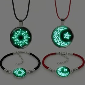 Resim 4 Parça Vintage Tarz Güneş, Ay ve Yıldız Bileklik Seti ile Katmanlı Kolye, Işıltılı Cam Pandantif, Sentetik Lif İp, Erkekler için Moda Takı - Halloween/Noel Hediyesi, Ramazan Hediyesi 
