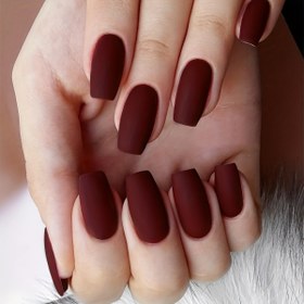 Resim 24pcs Matte Medium Ballerina Fake Nails, Burgundy Color Press On Nails, Solid Color False Nails For Women Girls Daily Bridal Wedding Wear 