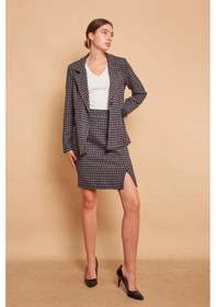 Resim Pamuklu Kalın Tüvit Kumaş Desenli Aksesuar Detaylı Blazer Ceket Metal Aksesuar Çıkabilir -antrasit Kazayağı Antrasit Kzyğ. 