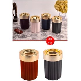 Resim 2 Adet Çizgili Oto Kokusuz Gold Küllük, Kokusuz Dumansız Yuvarlak Lüks Küllük 2 Li Set Siyah-kırmızı 