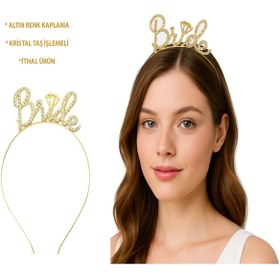 Resim AyrStore Altın Renkli Taşlı “Bride” Gelin Tacı - El Yazısı Yazı Tipiyle 