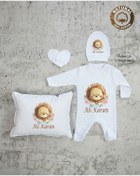Resim yzc home size dair... Ty E42 Isimli Erkek Bebek Yastık Tulum Şapka Eldiven Set Beyaz Hastane Çıkışı %100 Pamuk 