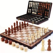 Resim 1 Takım Manyetik Ahşap Satranç ve Dama 2'si 1 Arada, Katlanabilir 38.1 cm Satranç Tahtası Oyunu, Taşınabilir Seyahat Satrancı Parça Saklama Bölmeleri, Yetişkinler İçin Başlangıç Düzeyi 