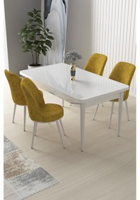 Resim Canisa Concept Nil Serisi 70x110 Sabit Mutfak Masası Takımı Beyaz Masa 4 Hardal Sandalye Masa Beyaz Sandalye Hardal 