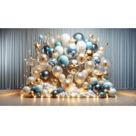 Resim Venspor Altın ve Mavi Balonlarla Süslenmiş Yıldız Temalı Arkaplan 200 x 150 cm Fon Duvar Örtüsü 