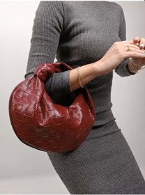 Resim Glemix Helen Düğümlü Bordo Örgü Desen Trend Mini Kadın Bowl Bag Bordo Örgü Cilt 