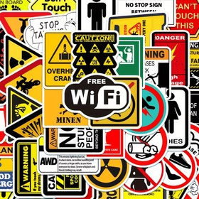 Resim 50 Adet Uyarı Etiketleri, Karikatür Tehlike Yasak Dekalleri, Özelliği Kendiliğinden Yapışan PVC, Düzensiz Şekil, Yeniden Kullanılabilir, Skateboard, Buzdolabı, Gitar, Laptop, Motosiklet, Seyahat, Ofis Etiketleri, Cool Dekor, İngilizce Metin, Cam Yüzey 