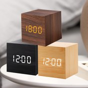 Resim Şık Mini Ahşap Saat - LED Ekranlı, Tarih ve Sıcaklık Gösteren, Ses Sensörlü, Ayarlanabilir Parlaklık, USB veya Pille Çalışan (AAA Pil Dahil), Yatak Başı veya Masa İçin İdeal, Siyah ve Açık Kahverengi Renk Seçenekleri 